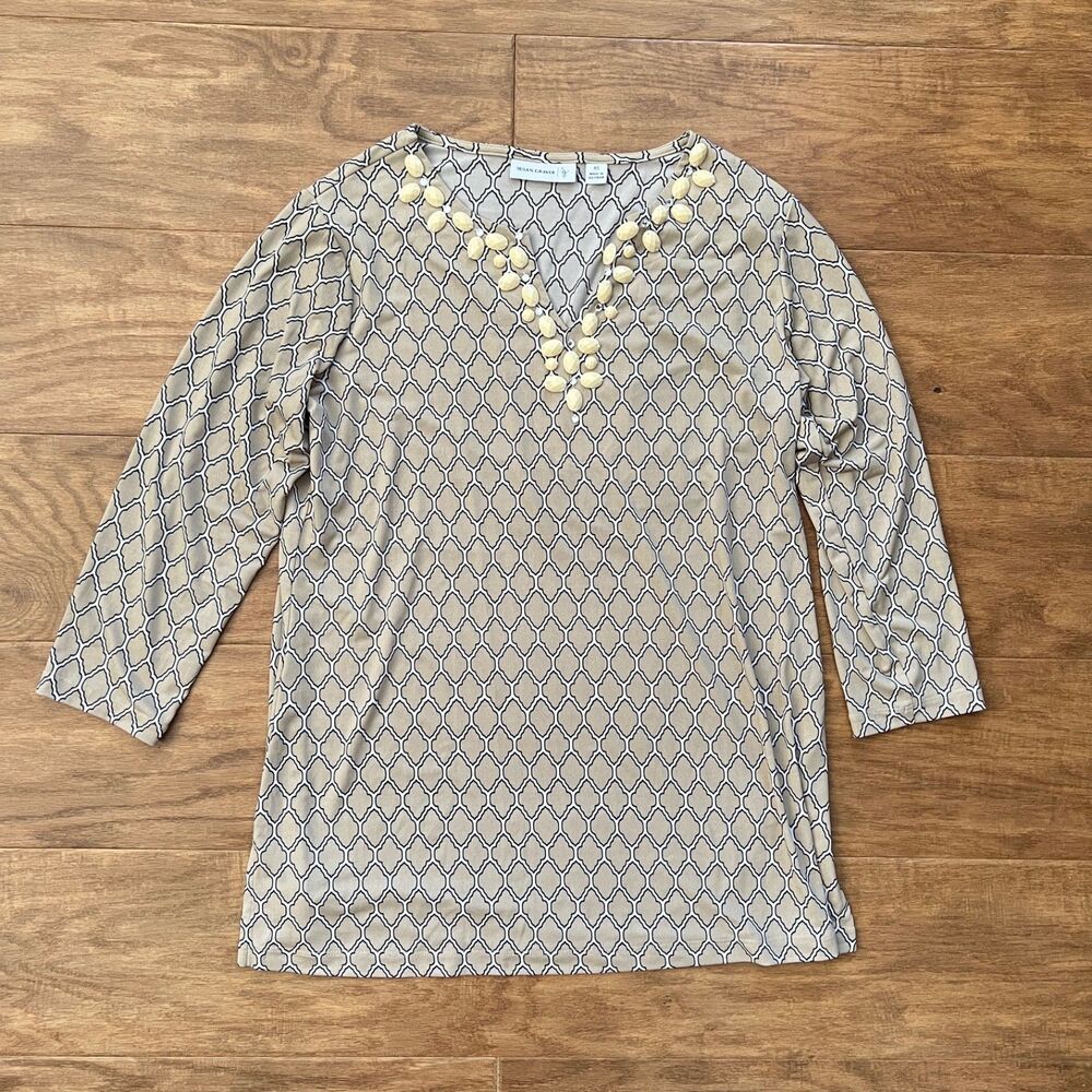Susan Graver Liquid Knit Printed Tunic w/ Embellished Split Neckline Size XS Tan